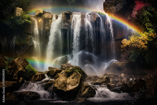 Spring waterfalls landscape with rainbow