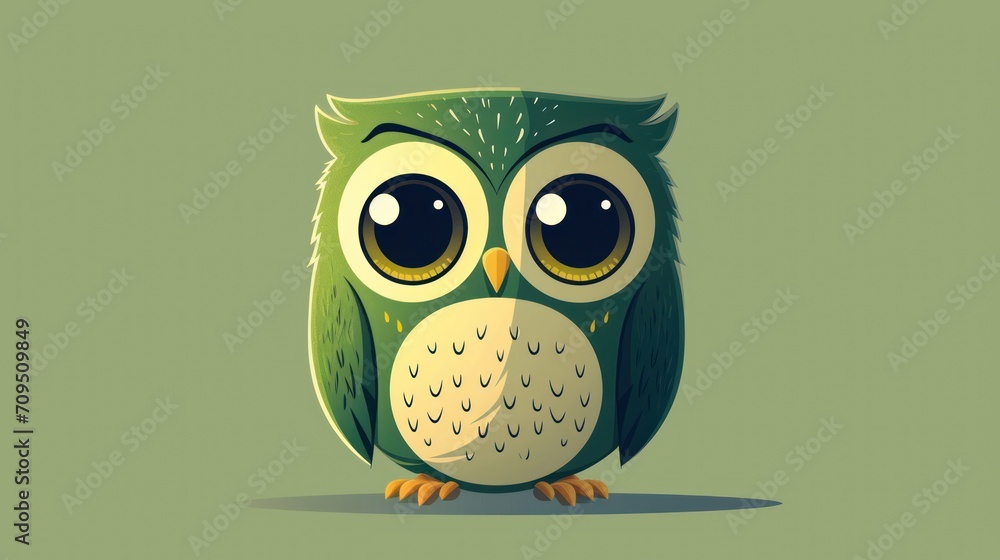  a green owl with big eyes sitting on a green background with a shadow on the bottom of the owl's head.