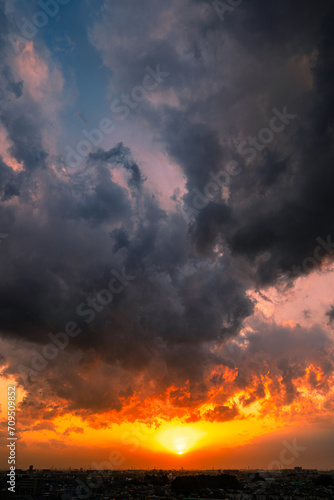 冬空の夕焼けに染まったちぎれ雲（縦構図）