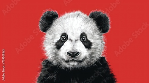  a black and white panda bear sitting on top of a red background with a black and white panda bear on it's chest.