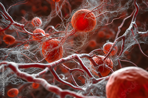 Microscopy network of fibrins and platelet in blood clot process. photo