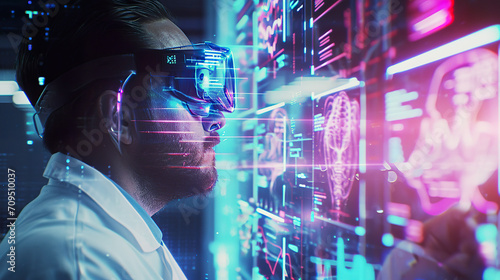 A doctor wearing smart glasses, standing in front of a high-tech digital interface display. 