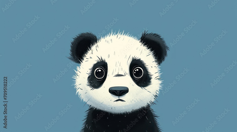 a close up of a panda bear's face on a blue background with a black and white panda bear. a close up of a panda bear's face on a blue background with a black and white panda bear.