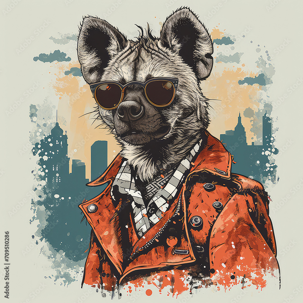 Obraz premium T-shirt design of an artistic hyena in a spy costume on a cityscape background, retro and vintage style