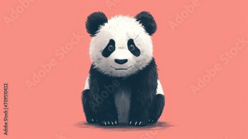 a black and white panda bear sitting in front of a pink background with a sad look on it's face.