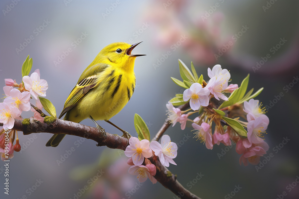 Yellow bird on the branch, spring awakening image Yellow bird on the branch, spring awakening image