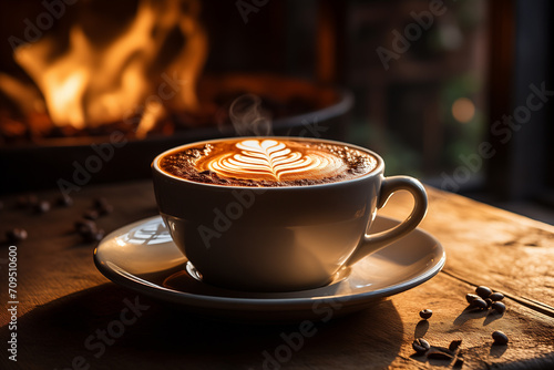 Cappuccino in white cup with smoke and morning sunlight on wooden table in cafe.