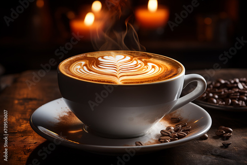 Cappuccino in white cup with smoke and morning sunlight on wooden table in cafe.