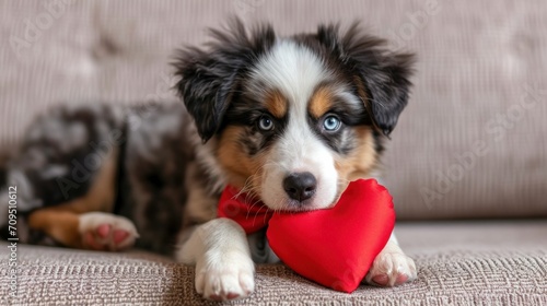 Small Australian shepherd puppy dog lying on couch with big heart in red bow tie. Valentine 