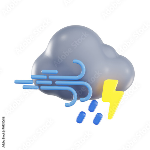 3d windy rain with thunder  3d render icon illustration  transparent background  weather