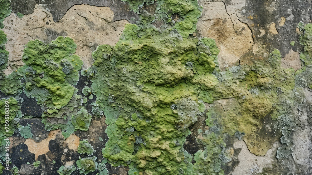 Moldy stone wall with a spectrum of green and black hues, depicting the natural growth patterns of mold in a damp environment