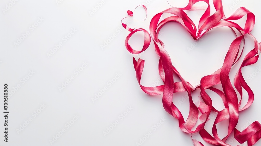 Valentines day card - heart made of ribbon on white background    