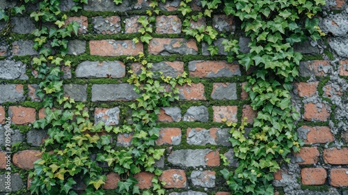 Mold-infested brick wall with creeping ivy  juxtaposing the relentless march of nature against human-made structures.