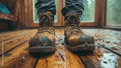 Vászonkép Muddy hiking boots on a wooden floor, marked with the trails of numerous adventures and the great outdoors
