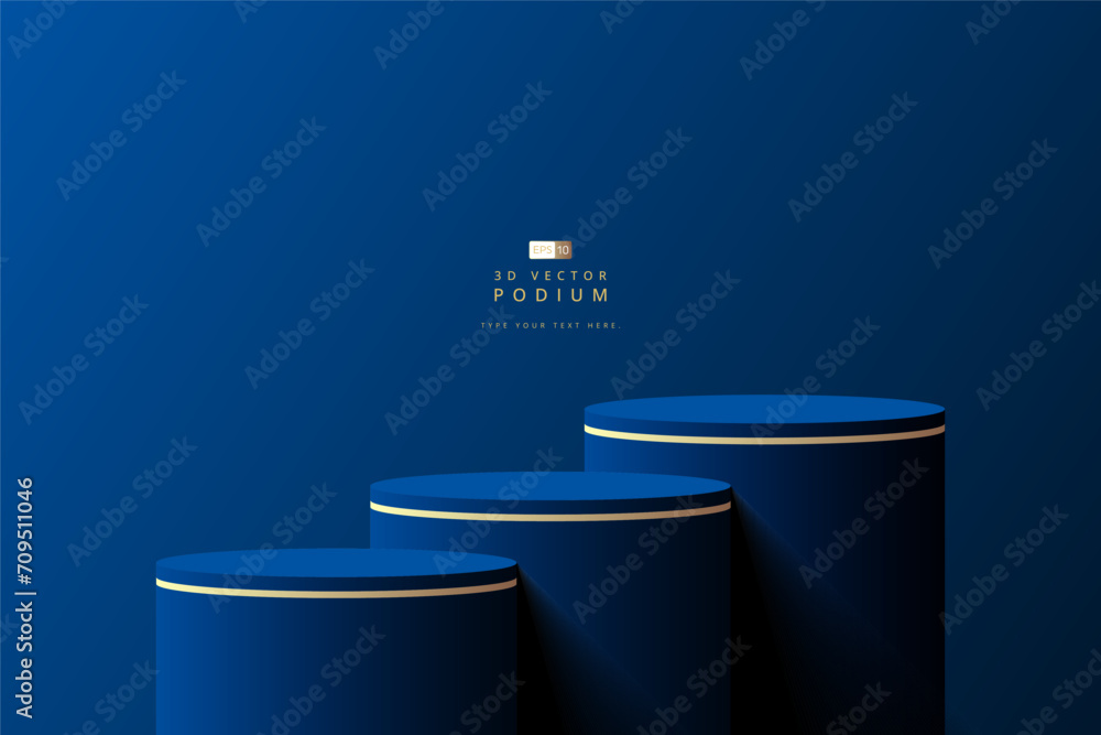 Luxury blue steps 3D cylinder podium realistic or pedestal stage for product display presentation. Minimal wall scene for mockup. Stage for showcase. 3D vector geometric platform. - obrazy, fototapety, plakaty 