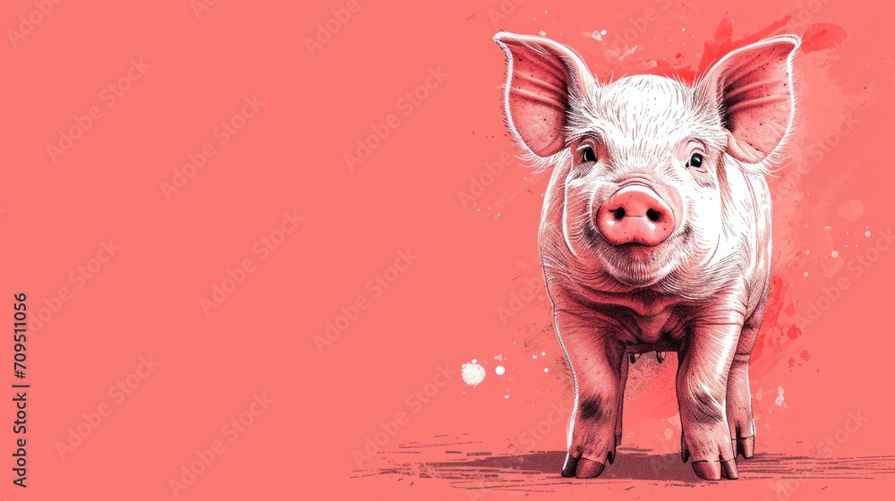 a pig on a pink background with a red spot in the middle of the pig's left eye and a pink spot in the middle of the pig's left side. a pig on a pink background with a red spot in the middle of the pig's left eye and a pink spot in the middle of the pig's left side.