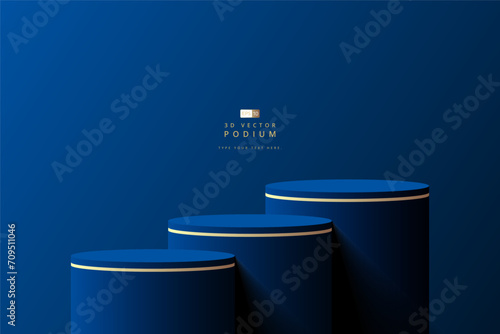 Luxury blue steps 3D cylinder podium realistic or pedestal stage for product display presentation. Minimal wall scene for mockup. Stage for showcase. 3D vector geometric platform.