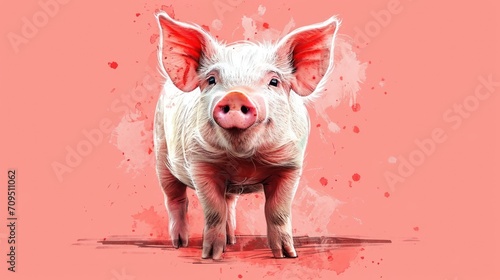  a painting of a pig on a pink background with a red spot in the middle of the pig's ear. photo