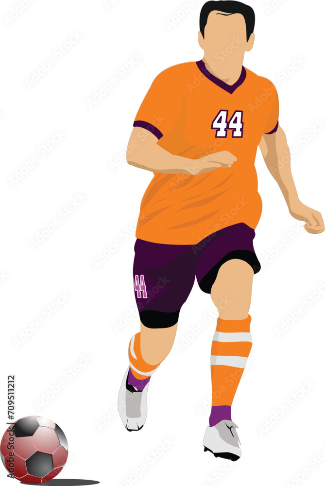 Soccer player in orange uniforms. Colored Vector illustration for designers