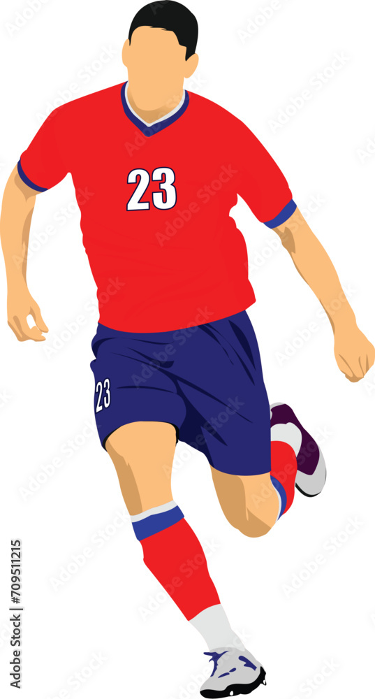 Soccer player in red-blue uniforms. Colored Vector illustration for designers