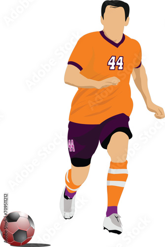 Soccer player in orange uniforms. Colored Vector illustration for designers