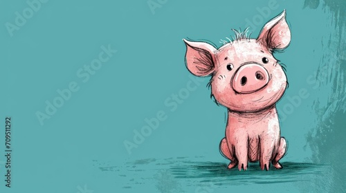  a pink pig sitting on top of a blue floor next to a green wall and a blue background with a pink pig sitting on top of it's legs.