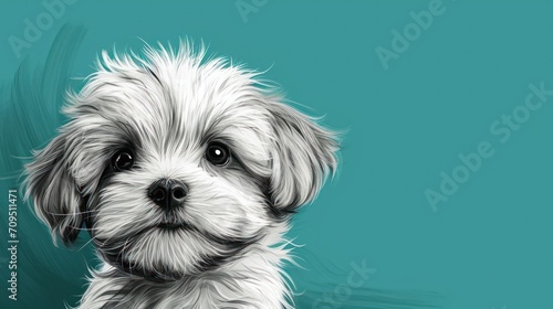  a close up of a dog's face on a blue background with a black and white drawing of a dog.