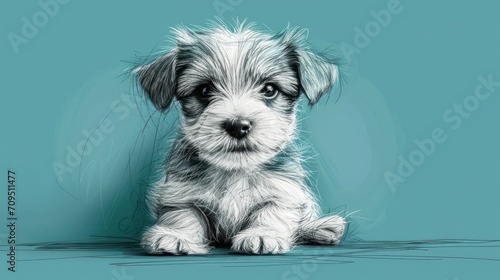  a small gray and white dog sitting on top of a blue floor next to a blue wall with a black and white drawing of a dog on it's face.