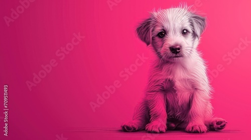  a small white dog sitting on top of a pink floor in front of a pink background with a small white dog sitting on top of it's legs.