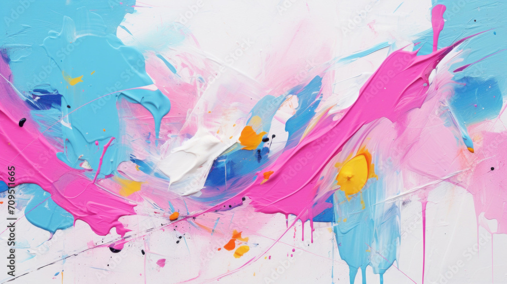 Fototapeta premium A canvas filled with vibrant abstract paint strokes in pink, blue, and yellow, representing creative expression.