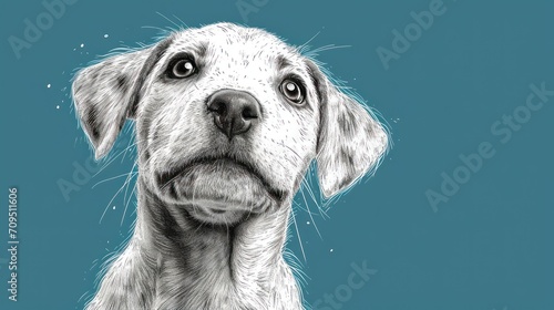  a black and white drawing of a dog's face with a sad look on it's face on a blue background.