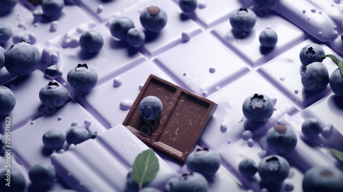 Frosted blueberries rest atop a white chocolate bar, with elegant purple tones and a touch of greenery for contrast.
