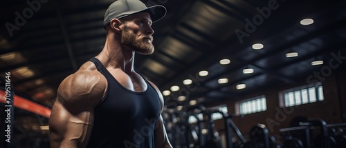 Bodybuilder lifting weights and flexing muscles in a modern gym