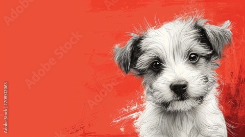  a close up of a small dog on a red and white background with a black and white dog's face.