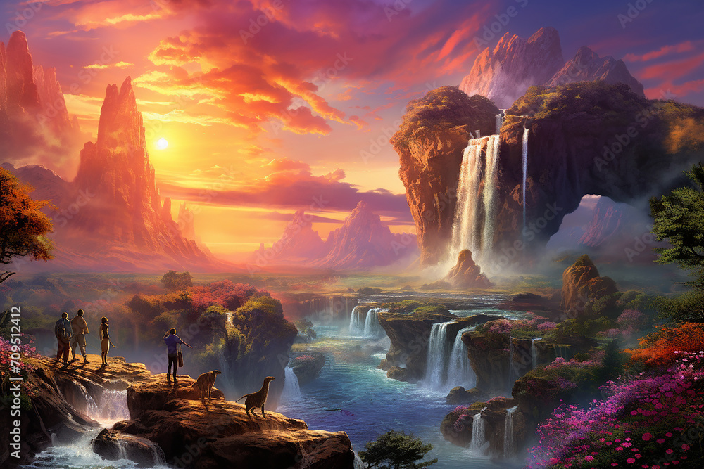 Fototapeta premium Beautiful landscape with sunset and waterfalls, surrounded by cherry blossom trees near Japan