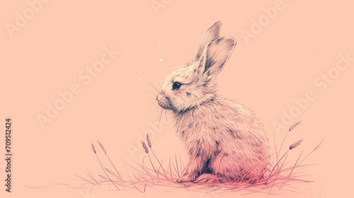  a drawing of a bunny rabbit sitting in a field of tall grass with a pink sky in the back ground.