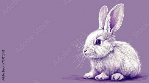  a drawing of a white rabbit sitting on top of a purple background with a shadow of it s head.