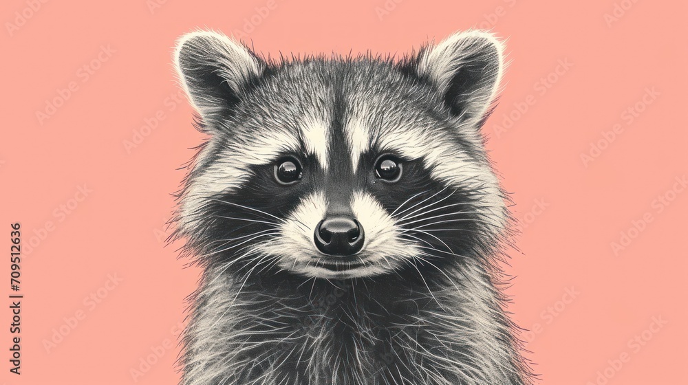  a close up of a raccoon's face on a pink background with a black and white drawing of a raccoon.