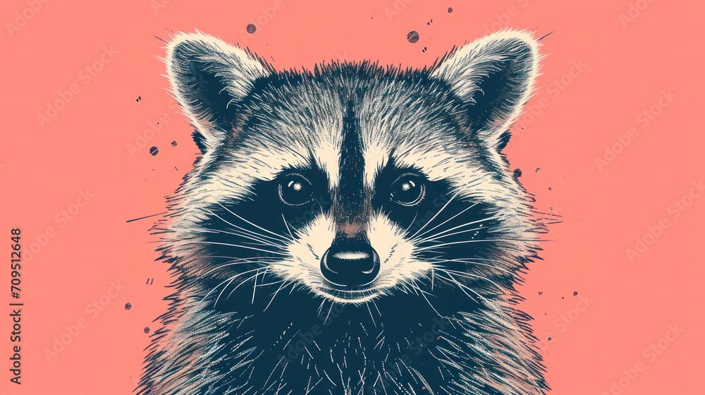  a close up of a raccoon's face on a pink background with a black and white outline.
