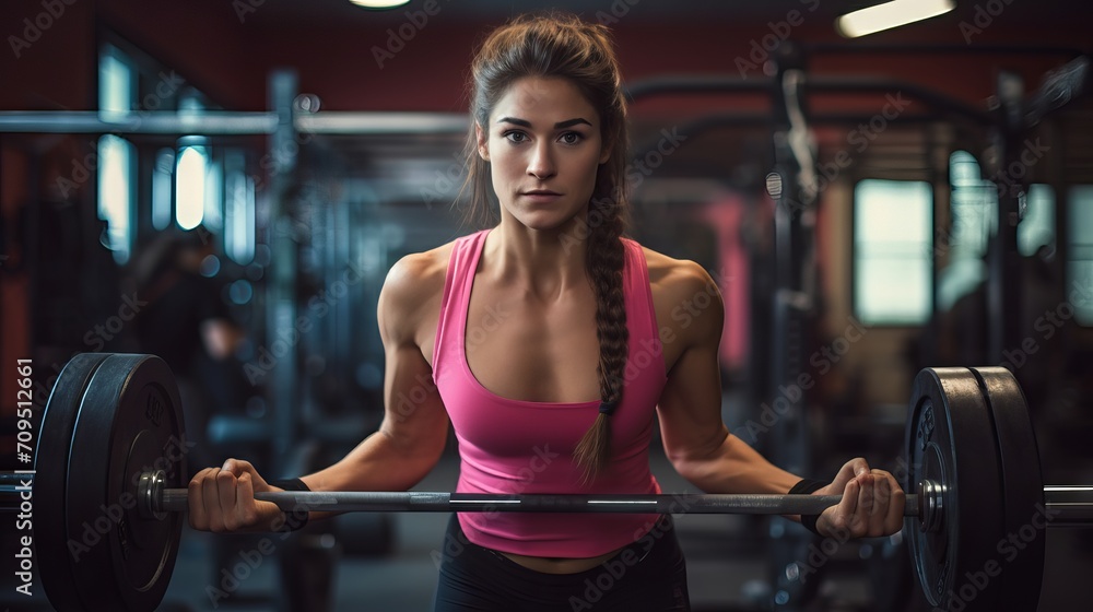 Fototapeta premium Empowered fitness enthusiast engaged in crossfit: woman powerlifting heavy weights with determination in a gym setting