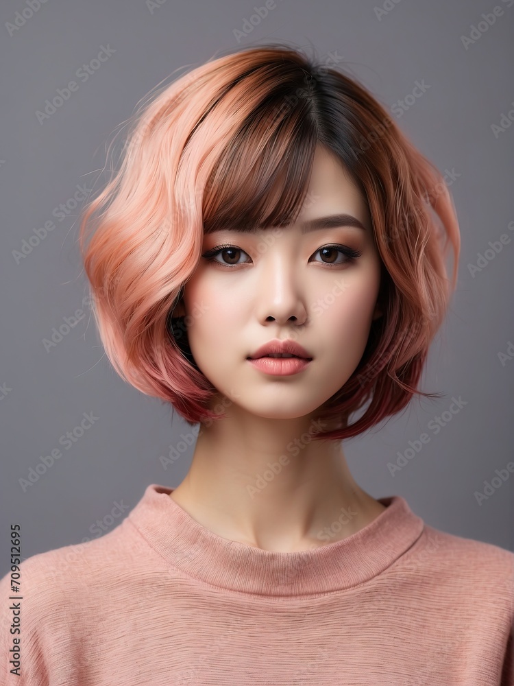 Portrait of beautiful asian women, short pink hair, tshirt model posing in white background, Portrait of beautiful asian women, short pink hair, tshirt model posing in white background,