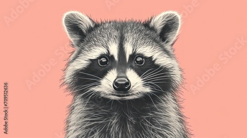  a close up of a raccoon's face on a pink background with a black and white drawing of a raccoon. © Shanti
