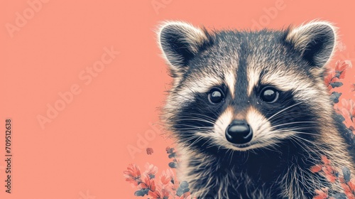  a close up of a raccoon in a field of wildflowers with a pink sky in the background.