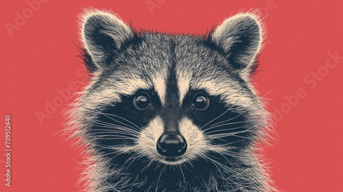  a close up of a raccoon's face on a red background with a black and white image of a raccoon.