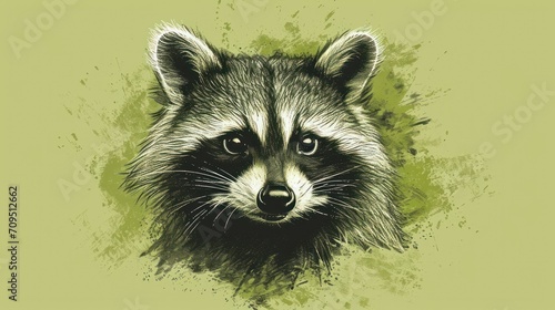  a close up of a raccoon's face on a green background with a grungy effect.