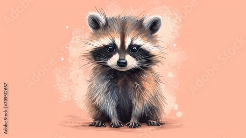  a painting of a raccoon sitting in front of a pink background with spots on it's face.