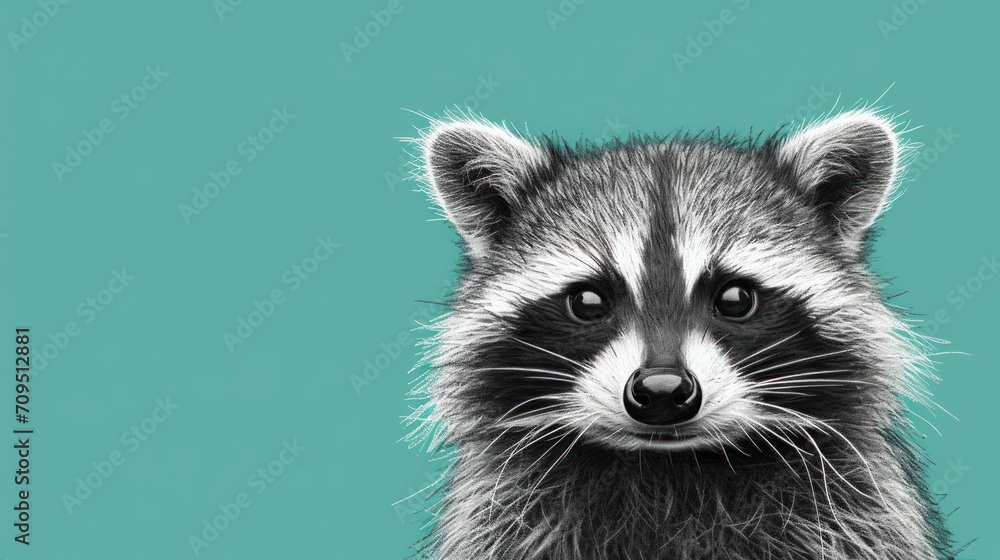  a close up of a raccoon's face on a blue background with a black and white image of a raccoon.
