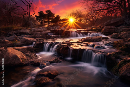 Beautiful landscape with sunset and waterfalls  surrounded by cherry blossom trees near Japan