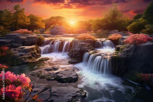 Beautiful landscape with sunset and waterfalls  surrounded by cherry blossom trees near Japan