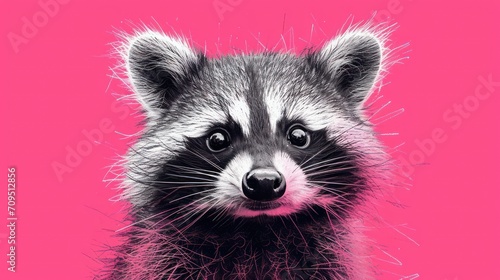  a close up of a raccoon's face on a pink background with a black and white image of a raccoon.